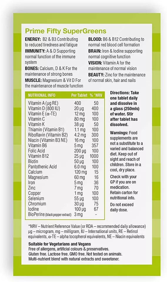 Prime Fifty Super Greens Superfood Melon & Citrus Multi Nutrient Vegan - Fighting Fatigue